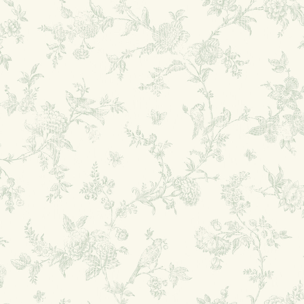 French Nightingale Seafoam Trail Wallpaper by Chesapeake Designer Homestead Covers about 56.4 square feet 20.5-in by 33-ft long roll Prepasted 20.5 - Swanky Fabrics -