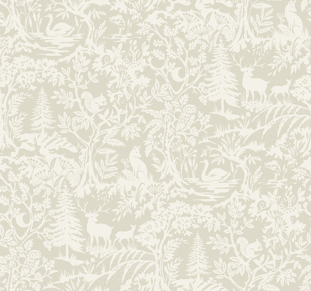 Alrick Taupe Forest Venture Wallpaper by Chesapeake Designer Kinfolk Covers about 60.8 square feet 27-in by 27-ft long roll Prepasted 25.25 - Swanky Fabrics -
