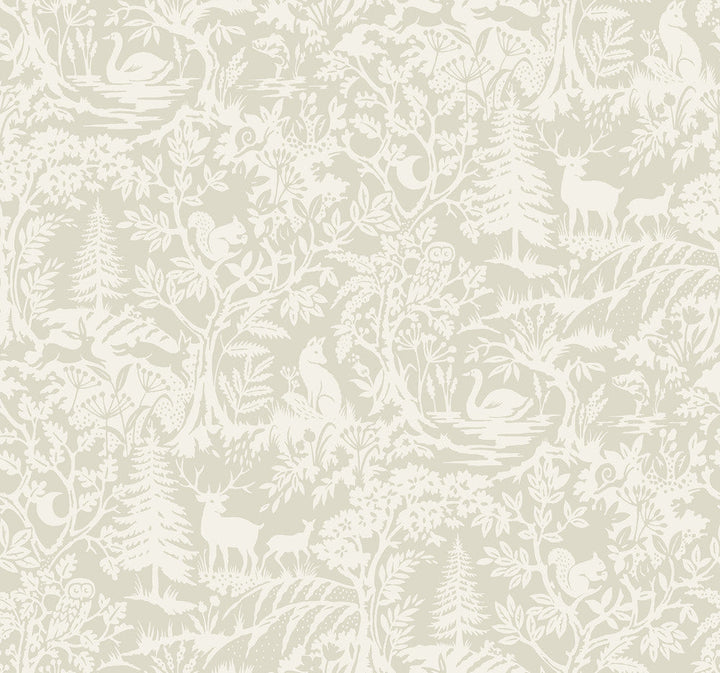 Alrick Taupe Forest Venture Wallpaper by Chesapeake Designer Kinfolk Covers about 60.8 square feet 27-in by 27-ft long roll Prepasted 25.25 - Swanky Fabrics -