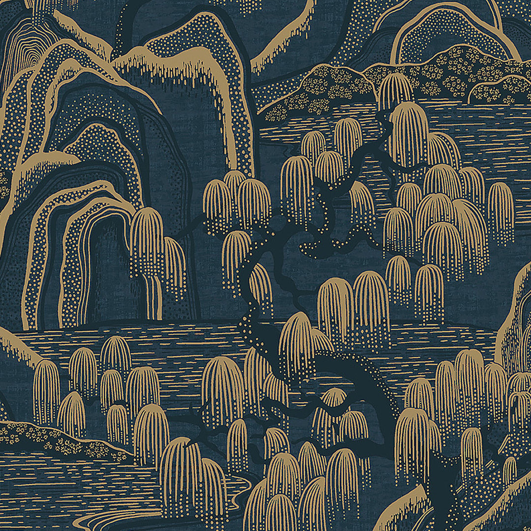 Schumacher Wallcovering Indigo Garden - Indigo And Gold