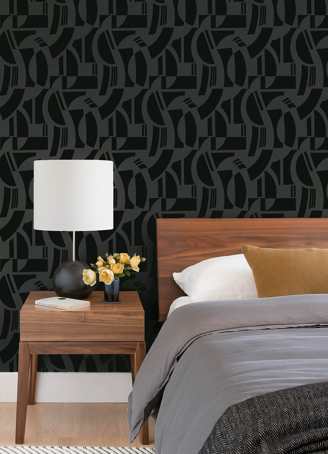 Carter Black Geometric Flock Wallpaper by A-Street Prints Designer
