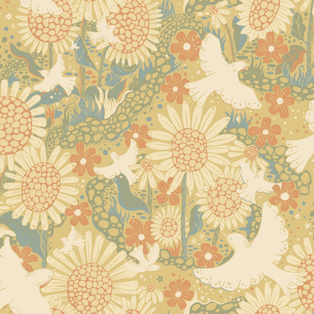Drömma Coral Songbirds and Sunflowers Wallpaper by A-Street Prints Designer