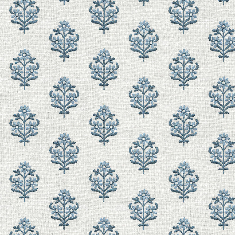 Floral Sprig Emb Porcelain 412380 by PKL Studio Designer Fabric Base 50% polyester, 50% cotton Emb: 100% polyester India 6000 Horizontal: 4.5 and Vertical: 3 55 - Swanky Fabrics -