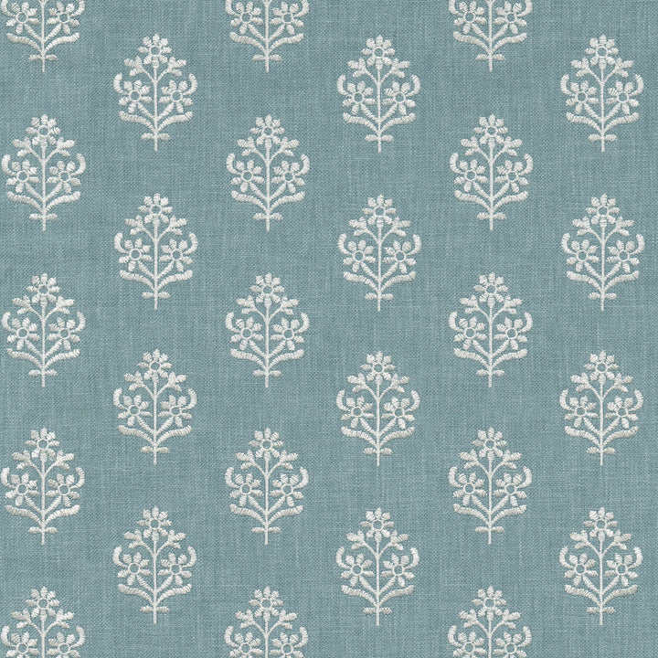 Floral Sprig Emb Chambray 412384 by PKL Studio Designer Fabric Base 50% polyester, 50% cotton Emb: 100% polyester India 6000 Horizontal: 4.5 and Vertical: 3 55 - Swanky Fabrics -