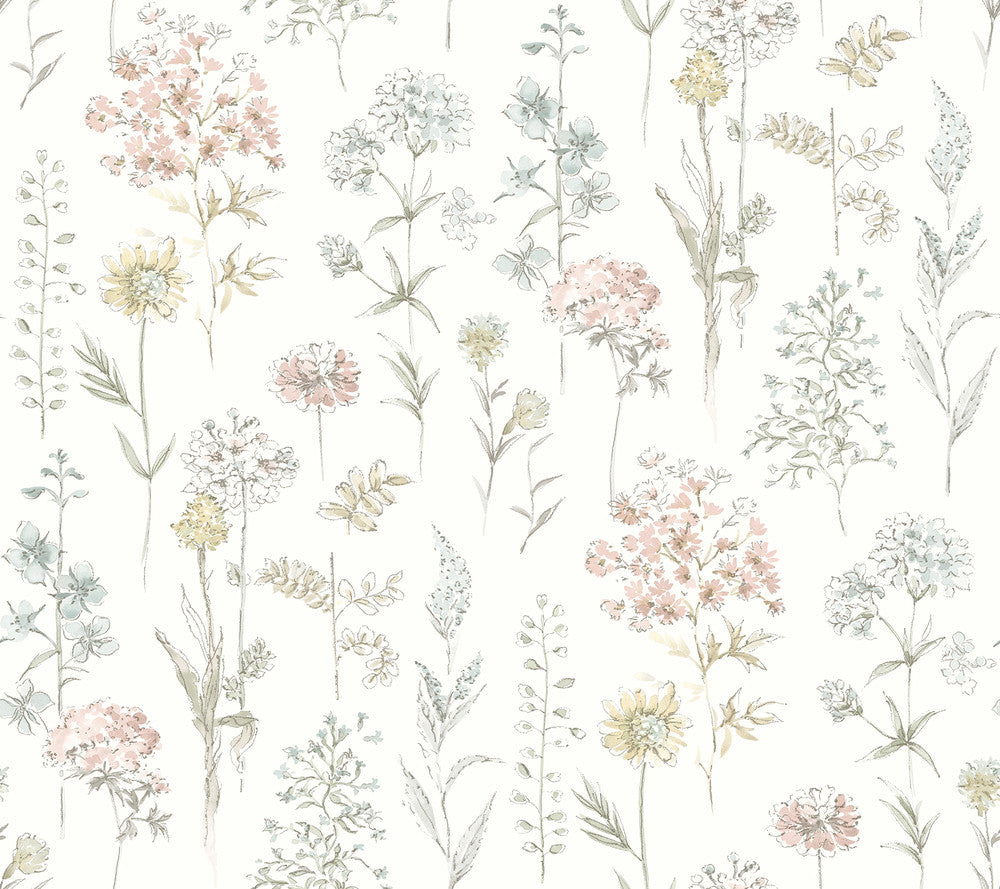 Bergamot Pastel Wildflower Wallpaper by Chesapeake Designer Wildflower Covers about 60.8 square feet 27-in by 27-ft long roll Prepasted 0 - Swanky Fabrics -