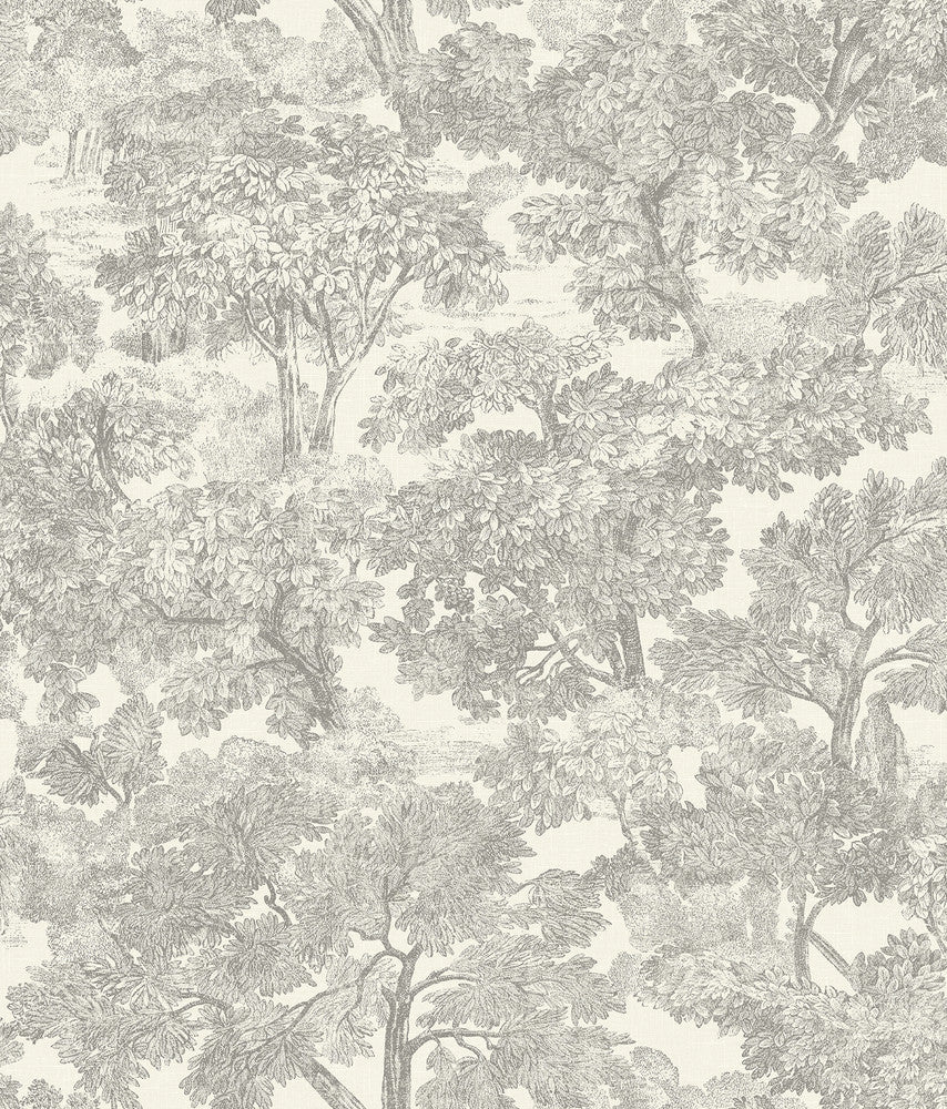 Spinney Grey Toile Wallpaper by Chesapeake Designer Wildflower Covers about 56.4 square feet 20.5-in by 33-ft long roll Prepasted 24 - Swanky Fabrics -