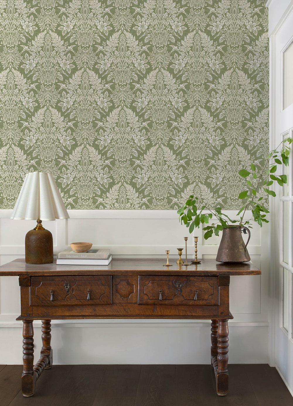 Finch Light Green Woodland Damask Wallpaper by A-Street Prints Designer