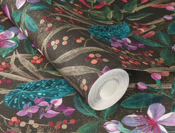 Kalina Black Floral Fruits Wallpaper by A-Street Prints Designer