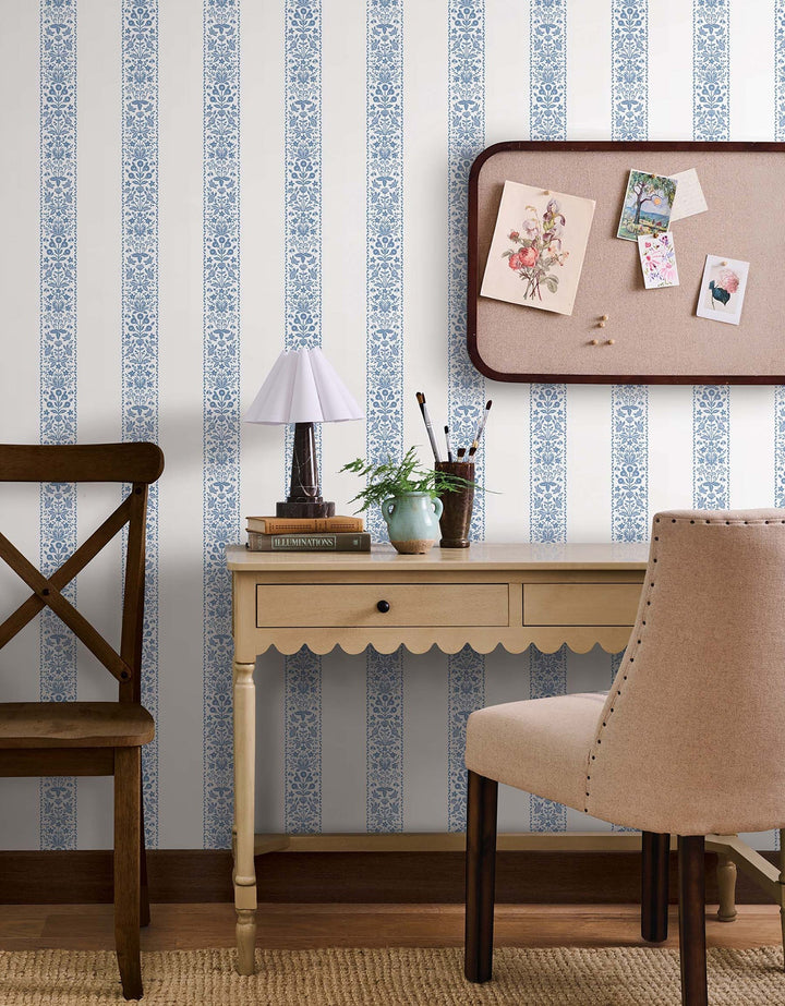 Estee Stripe Blue & White Wallpaper by Rifle Paper Co. Designer