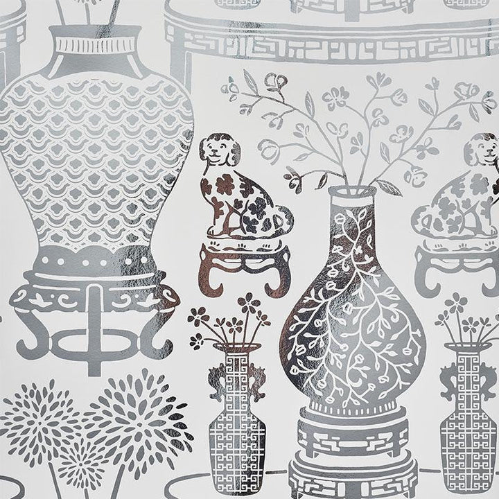 Hellene Mylar Silver 5010610 by Schumacher Designer Wallpaper Step Lively 27.5" - Swanky Fabrics -