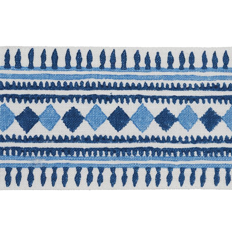 Toula Hand Blocked Linen Tape Blues 77330 by Schumacher Designer Trim Statement Trims - Swanky Fabrics -