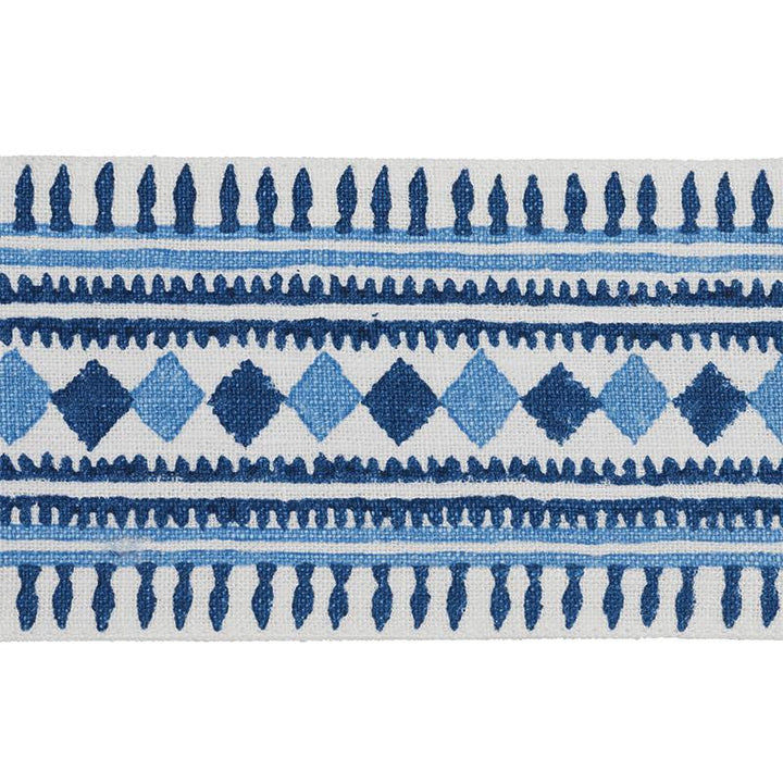 Toula Hand Blocked Linen Tape Blues 77330 by Schumacher Designer Trim Statement Trims - Swanky Fabrics -