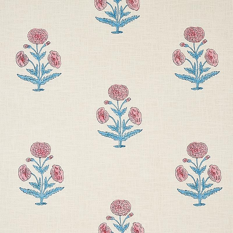 Poppy Hand Block Print Rose & Sky 179840 by Schumacher Designer Fabric Molly Mahon 8.88" - Swanky Fabrics -