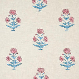 Schumacher Fabric Poppy Hand Block Print Rose & Sky 179840