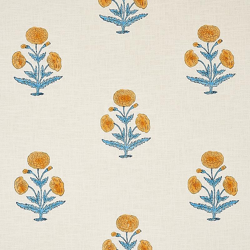 Poppy Hand Block Print Mustard & Sky 179841 by Schumacher Designer Fabric Molly Mahon 8.88" - Swanky Fabrics -