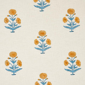 Schumacher Fabric Poppy Hand Block Print Mustard & Sky 179841