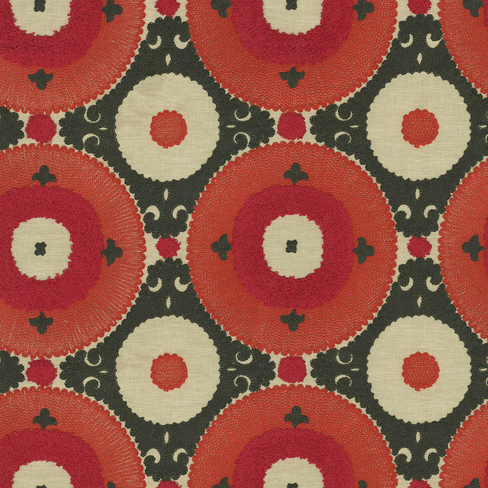 Uzbek Emb Chili 470530 by PKL Studio Designer Fabric - Base: 52% polyester, 48% cotton Emb: 100% cotton India 17000 Horizontal: 9 and Vertical: 9.25 55 - Swanky Fabrics -