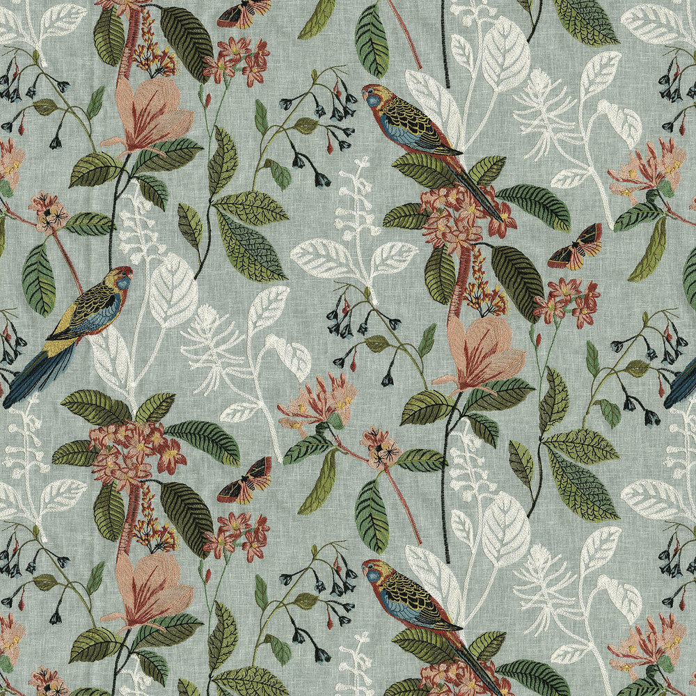Parakeet Emb. Tropics 471260 by P/K LIFESTYLES Designer Fabric - Base: 52% polyester, 48% cotton / Emb. 100% rayon India 51000 Horizontal: 25.75 and Vertical: 18.12 54  - Swanky Fabrics -