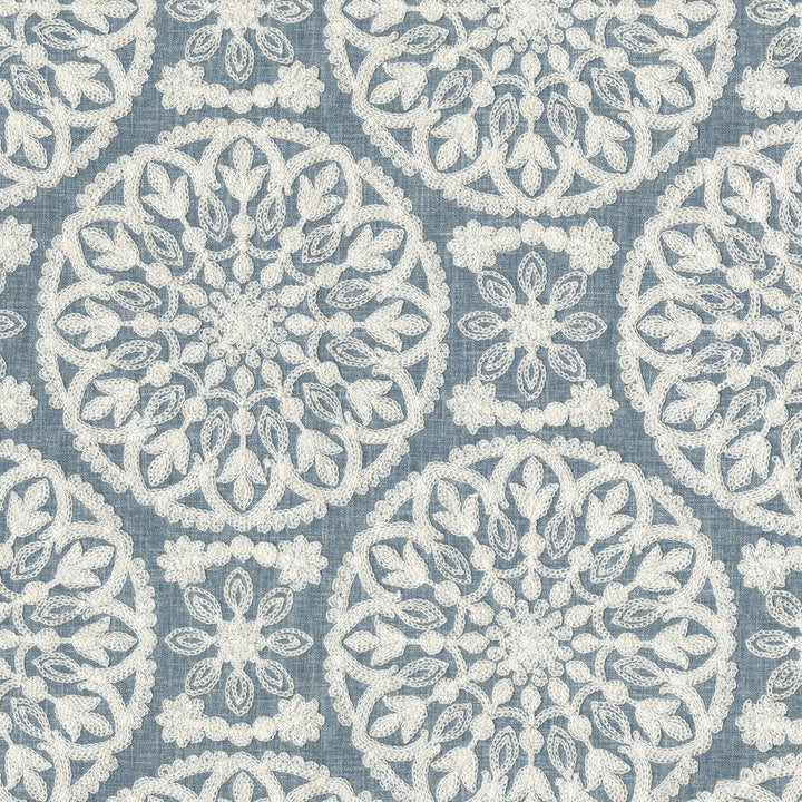 Lace Medallion Emb Cornflower 472230 by PK Lifestyles Designer Fabric Cultural Exchange IX Base: 52% Polyester, 48% Cotton EMB: 100% Rayon India 51000 H: 10.2, V: 9 52 - Swanky Fabrics -