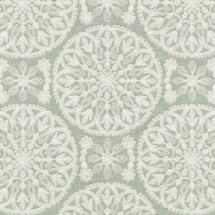 Lace Medallion Emb Mist 472231 by PK Lifestyles Designer Fabric Cultural Exchange IX Base: 52% Polyester, 48% Cotton EMB: 100% Rayon India 51000 H: 10.2, V: 9 52 - Swanky Fabrics -