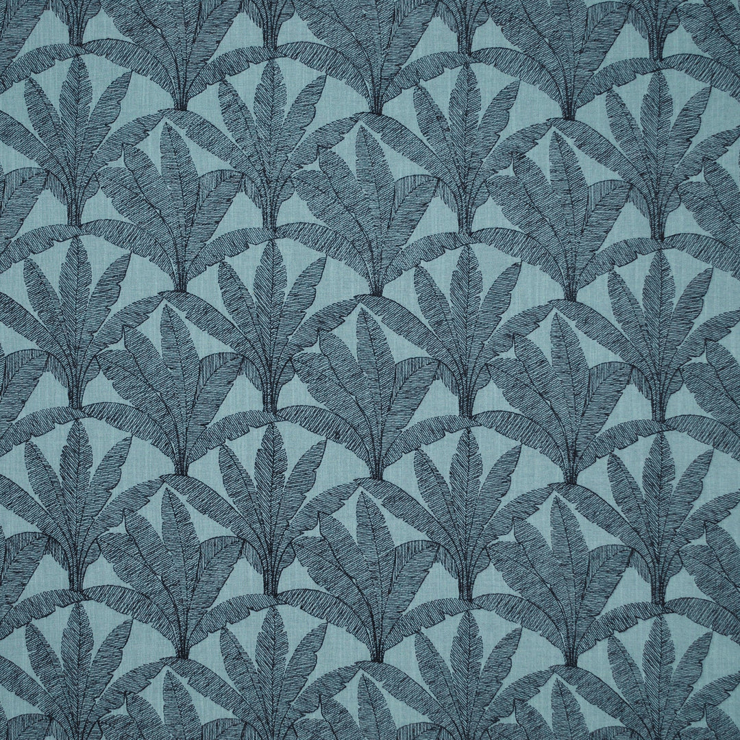 Maui Palm Emb Indigo 473220 by PKL Studio Designer Fabric - BASE:52% Cotton 48% Polyester EMB:60% Polyester 25% Cotton 15% Linen India 51000 Horizontal: 6.750" and Vertical: 6.250" 54 - Swanky Fabrics -
