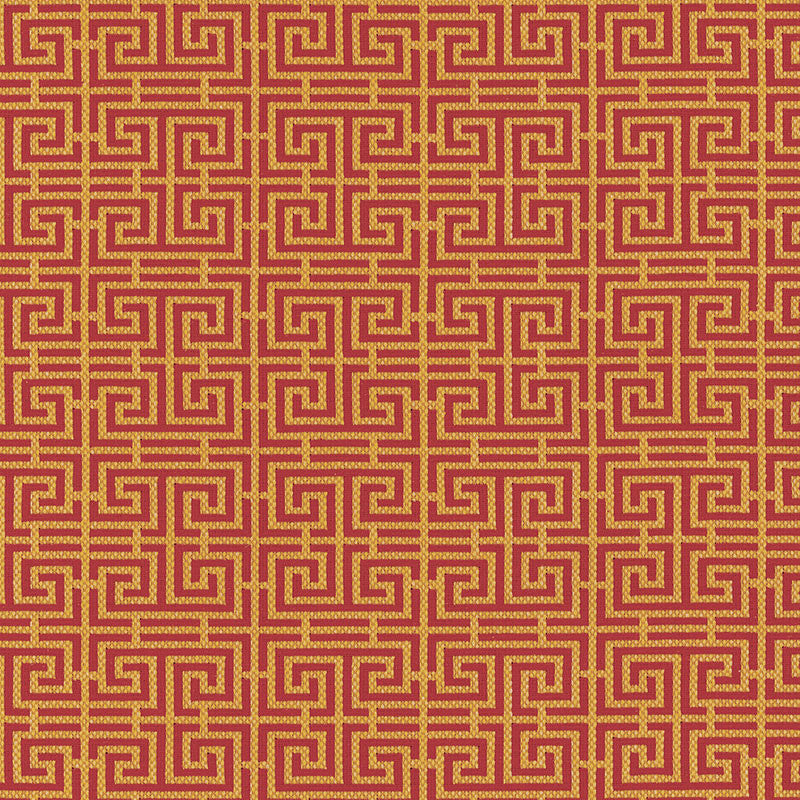 Chinois Fret Cinnabar / Gold 54952 by Schumacher Designer Fabric ESSENTIALS: SMALL-SCALE UPHOLSTERY I COTTON 95% POLIAMMIDIC 5% FRANCE MARTINDALE 36,000 </p><p>Repeat: Horizontal: 4 1/2" (11CM) and Vertical: 2 3/8" (6CM) 56 - Swanky Fabrics -