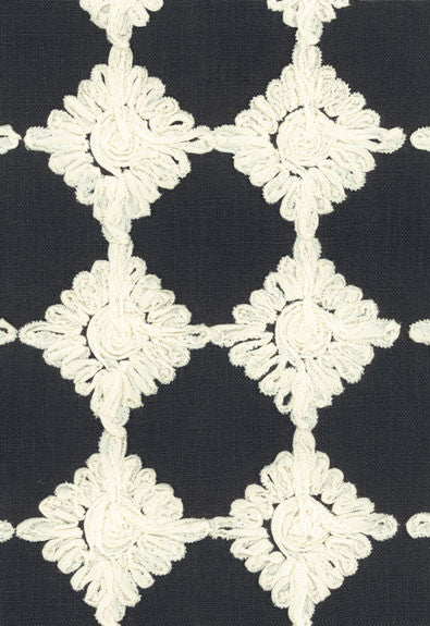 Rosette Embroidery Charcoal 55870 by Schumacher Designer Fabric COLLECTION-NAME-TBA-55870 70% Linen, 30% Cotton Martindale 5,000 Horizontal: 3 and Vertical: 3 53.5 - Swanky Fabrics -