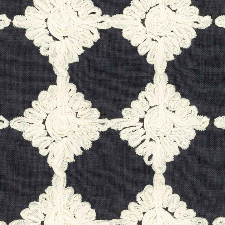 Rosette Embroidery Charcoal 55870 by Schumacher Fabric Schumacher Fabric Rosette Embroidery Charcoal 55870Fabric LINEN 70% ITALY </p><p>Repeat: H: HORZ. 3" (8CM), V: VERT. 3" (8CM) 53.5 - Fabric Carolina -