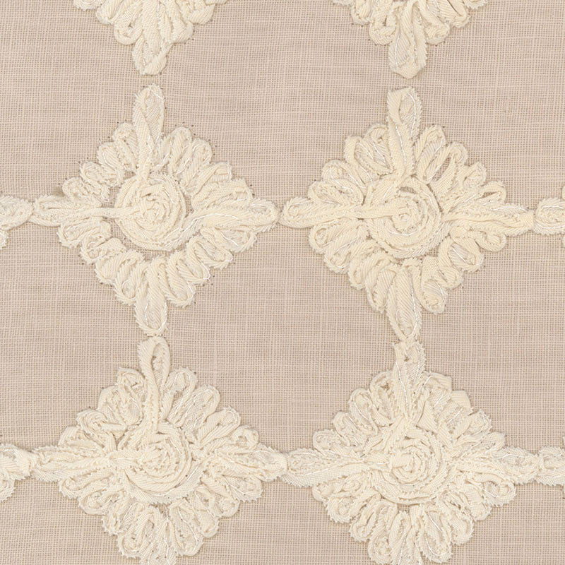 Rosette Embroidery Alabaster 55872 by Schumacher Designer Fabric MODERN WOVENS See Sample ITALY LIGHT DUTY </p><p>Repeat: Horizontal: 3" (8CM) and Vertical: 3" (8CM) 53 1/2" WIDE (136CM) - Swanky Fabrics -