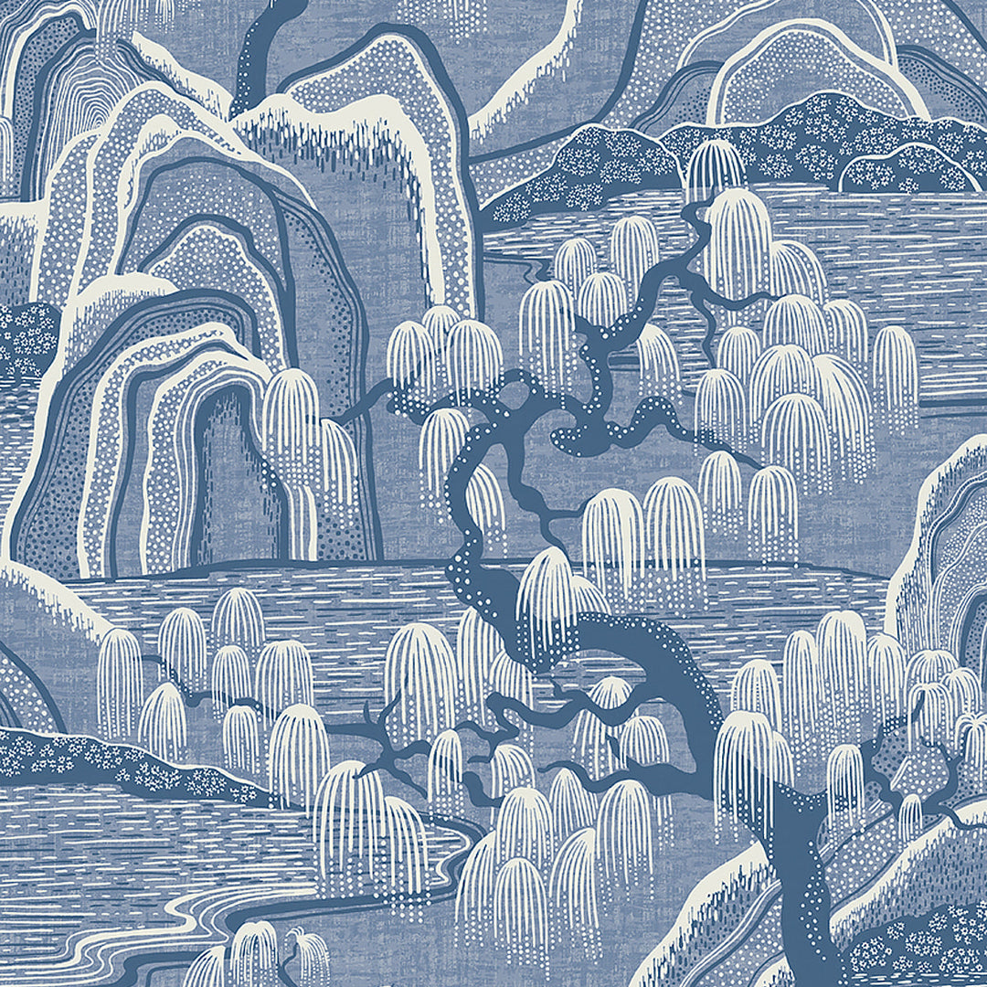 Schumacher Wallcovering Indigo Garden - Blue And White