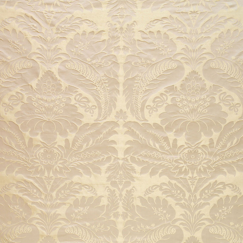 Bennet Silk Damask Platinum 63734 by Schumacher Designer Fabric PEMBERLEY SILKS See Sample INDIA . </p><p>Repeat: Horizontal: 27" (69CM) and Vertical: 31 1/4" (79CM) 54" WIDE (137CM) - Swanky Fabrics -