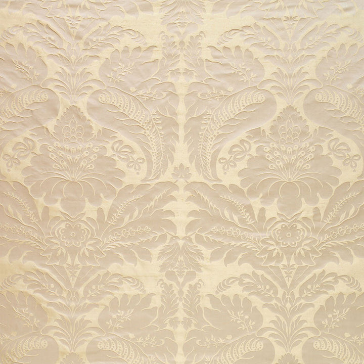 Bennet Silk Damask Platinum 63734 by Schumacher Designer Fabric PEMBERLEY SILKS See Sample INDIA . </p><p>Repeat: Horizontal: 27" (69CM) and Vertical: 31 1/4" (79CM) 54" WIDE (137CM) - Swanky Fabrics -