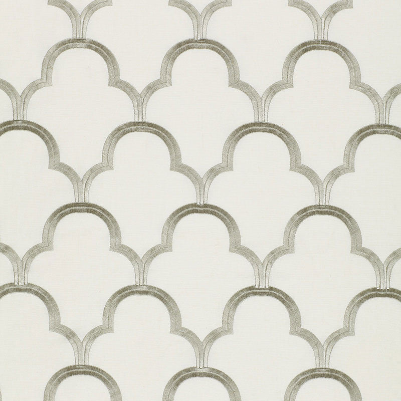 Scallop Embroidery Platinum 64323 by Schumacher Designer Fabric AU NATUREL COTTON 75% VISCOSE 25% INDIA MARTINDALE 5,600 </p><p>Repeat: Horizontal: 5 1/2" (14CM) and Vertical: 7 1/2" (19CM) 49.875 - Swanky Fabrics -