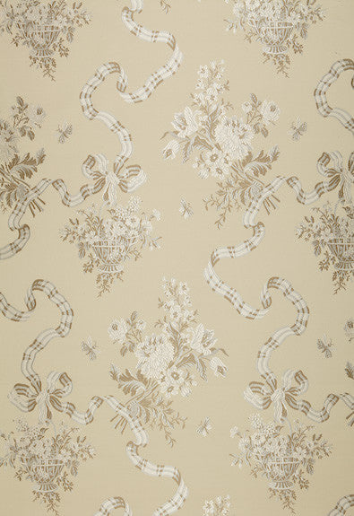 Francoise Lampas Pearl 64450 by Schumacher Designer Fabric - 56% Cotton, 44% Silk Wyzenbeek 6,000 Horizontal: 27 and Vertical: 50 54 - Swanky Fabrics -