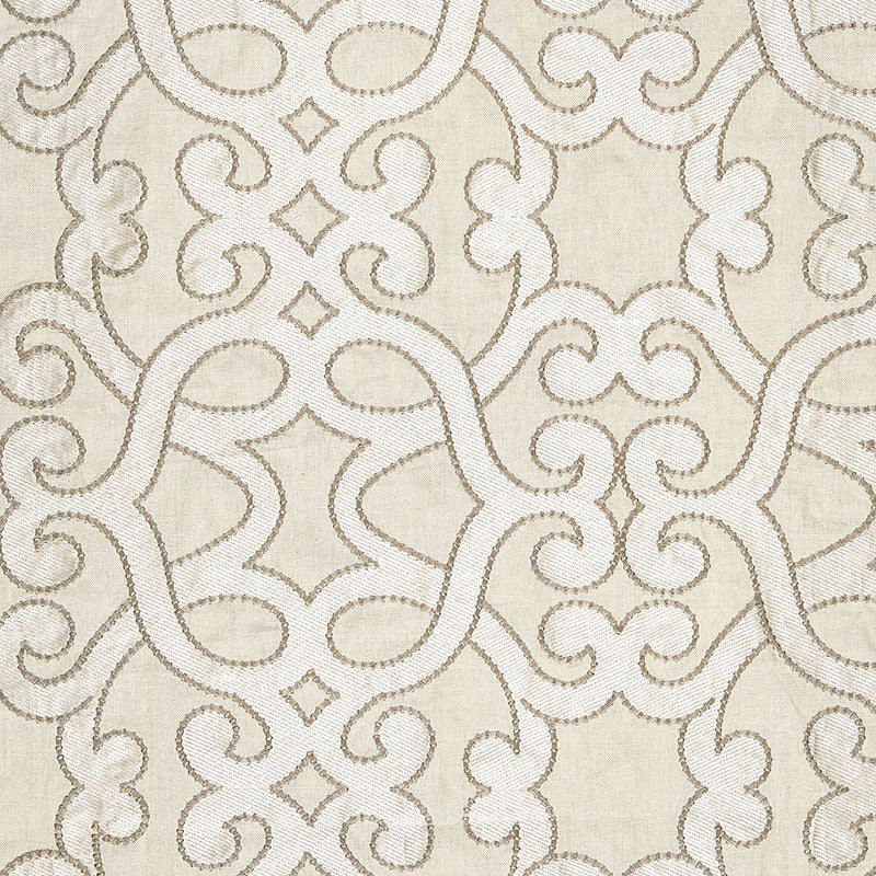Amboise Linen Embroidery Oyster 65182 by Schumacher Designer Fabric AU NATUREL LINEN 61% VISCOSE 39% INDIA </p><p>Repeat: Horizontal: 16 3/4" (43CM) and Vertical: 15" (38CM) 50 - Swanky Fabrics -