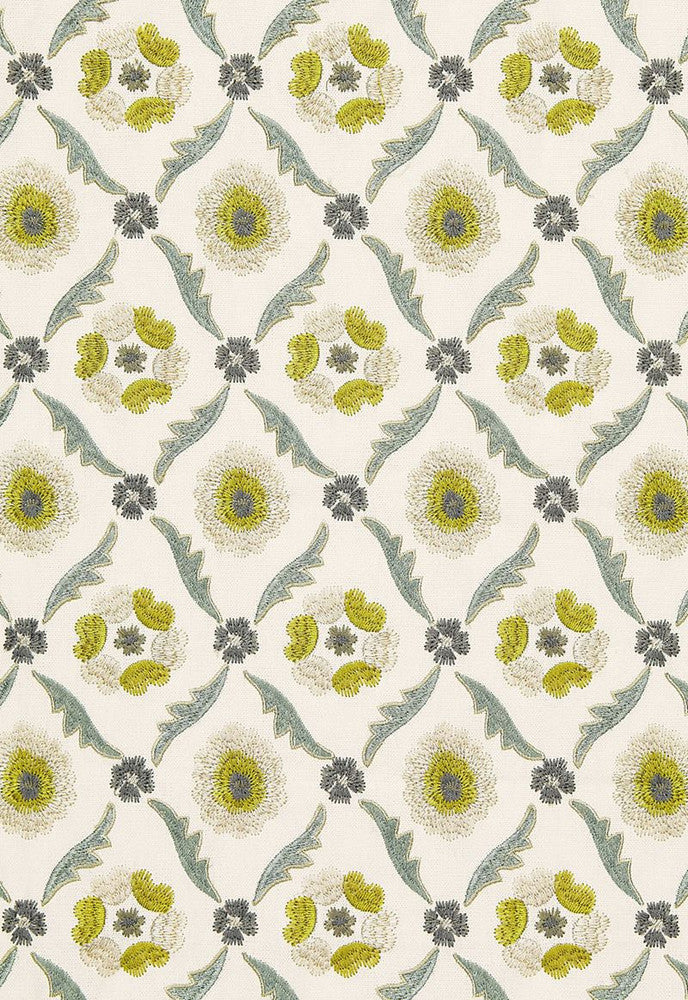 Claremont Embroidery Chartreuse 65741 by Schumacher Designer Fabric Chroma 61% Linen, 39% Viscose Martindale 8,000 Horizontal: 4.75 and Vertical: 6.25 51.25 - Swanky Fabrics -