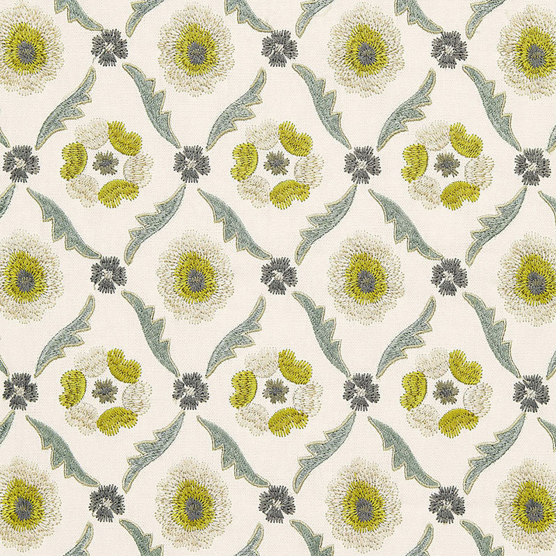 Claremont Embroidery Chartreuse 65741 by Schumacher Designer Fabric CHROMA LINEN 61% VISCOSE RAYON 39% INDIA MARTINDALE 8,000 </p><p>Repeat: Horizontal: 4 3/4" (12CM) and Vertical: 6 1/4" (16CM) 51.25 - Swanky Fabrics -