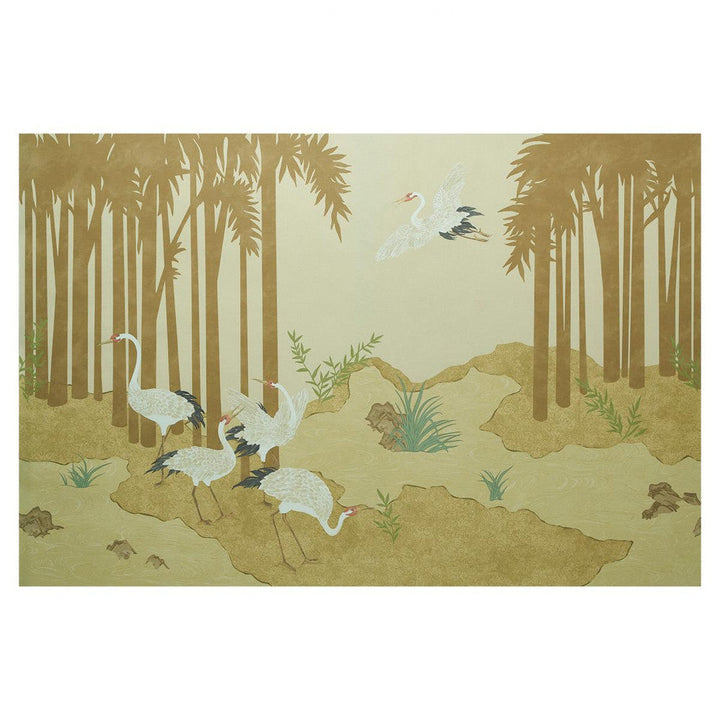 Yashinoki Crane Gold 5011700 by Schumacher Designer Wallpaper Yashinoki Crane 216.0" - Swanky Fabrics -