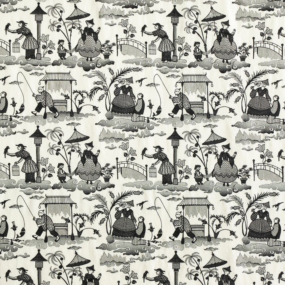 Bassano Embroidered Toile Black 66602 by Schumacher Designer Fabric PERENNIAL FAVORITES LINEN 72% VISCOSE 28% UNITED STATES OF AMERICA </p><p>Repeat: Horizontal: 17" (43CM) and Vertical: 15 1/4" (39CM) 51 - Swanky Fabrics -