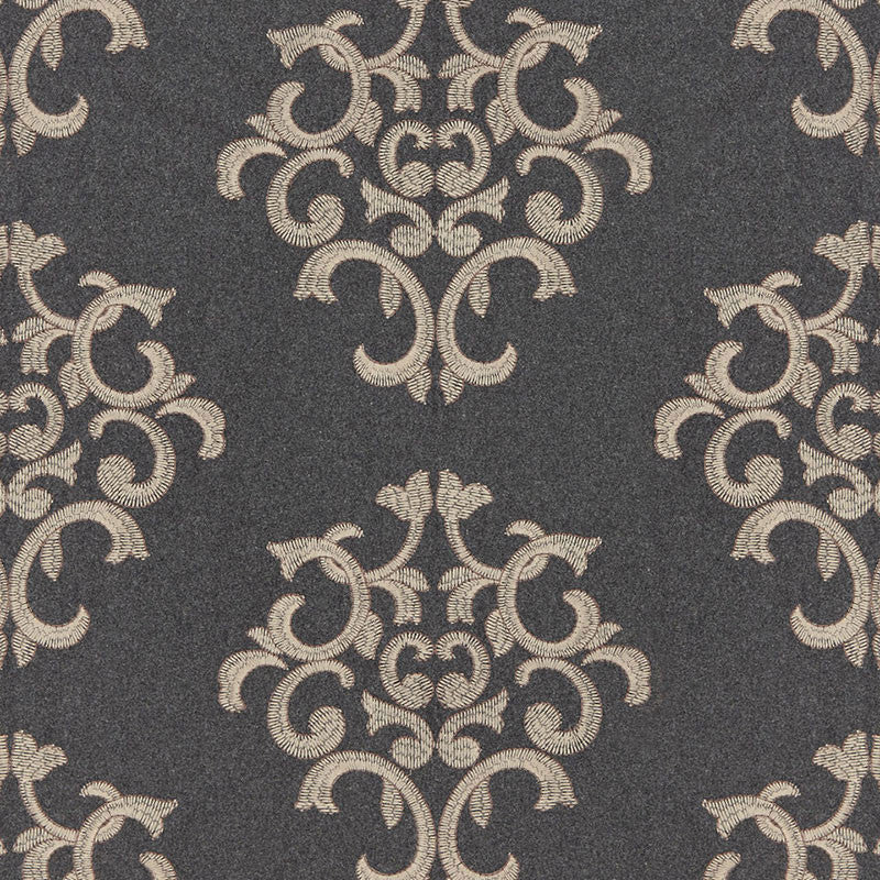Byron Embroidered Wool Charcoal 66830 by Schumacher Designer Fabric CHROMA WOOL 42% POLYESTER 42% INDIA MARTINDALE 15,000 </p><p>Repeat: Horizontal: 12 1/2" (32CM) and Vertical: 15" (38CM) 50 - Swanky Fabrics -