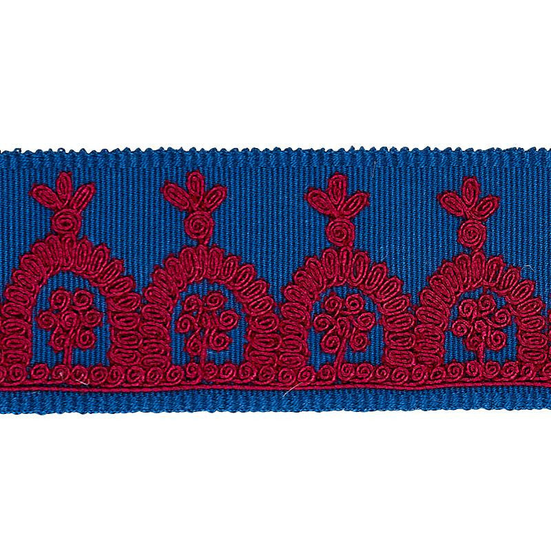 Noelia Embroidered Tape Red On Blue 74156 by Schumacher Designer Trim East Meets West 1.0" - Swanky Fabrics -