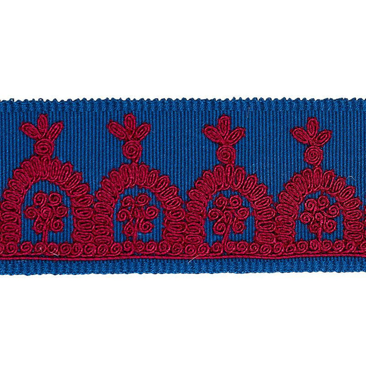 Noelia Embroidered Tape Red On Blue 74156 by Schumacher Designer Trim East Meets West 1.0" - Swanky Fabrics -