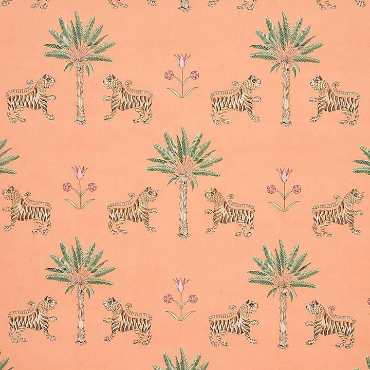 Tiger Palm Crimson On Peach 5012920 by Schumacher Designer Wallpaper Mystique 13.5" - Swanky Fabrics -