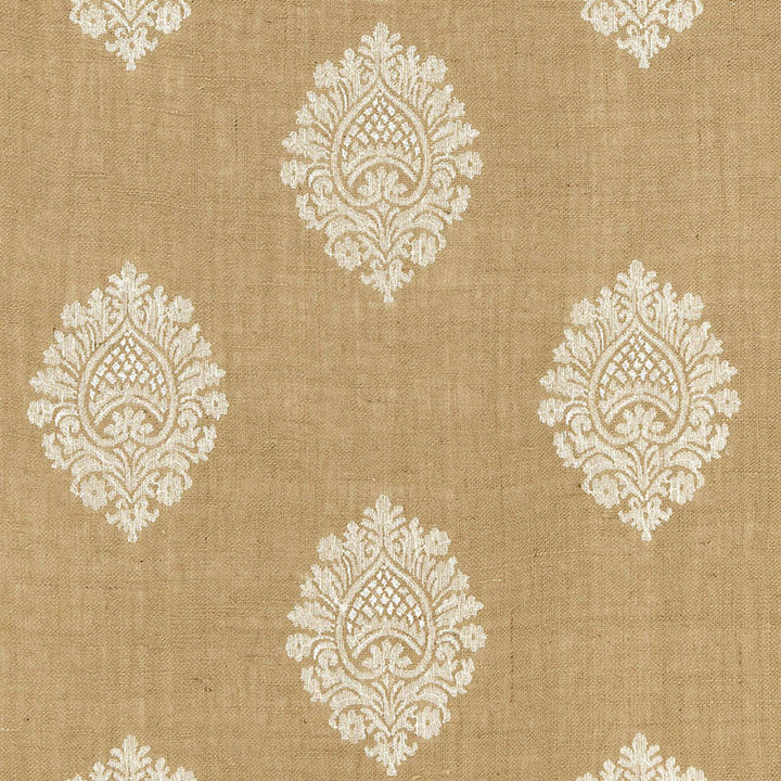 Savanna Jute Embroidery Jute 67340 by Schumacher Designer Fabric ESSENTIALS: SHEERS & CASEMENTS II See Sample INDIA . </p><p>Repeat: Horizontal: 8 1/2" (22CM) and Vertical: 15 1/2" (39CM) 51" WIDE (130CM) - Swanky Fabrics -