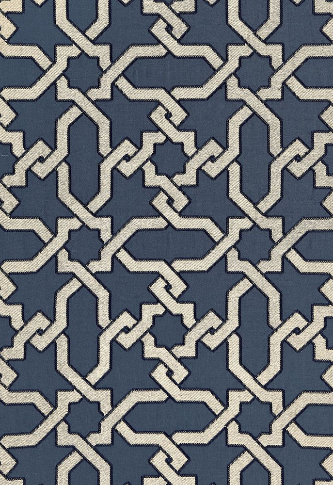 Cordoba Embroidery Indigo 67570 by Schumacher Designer Fabric Au-Naturel 56% Linen, 34% Viscose, 10% Spun Martindale 8,000 Horizontal: 12.625 and Vertical: 12.625 50.375 - Swanky Fabrics -