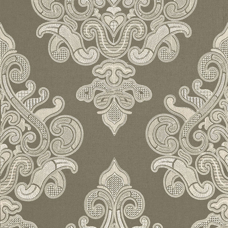 Angkor Embroidery Peat 67580 by Schumacher Designer Fabric AU NATUREL 2 See Sample INDIA . </p><p>Repeat: Horizontal: 12 7/8" (33CM) and Vertical: 30 1/4" (77CM) 51 3/8" WIDE (130CM) - Swanky Fabrics -