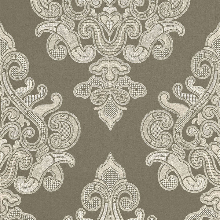 Angkor Embroidery Peat 67580 by Schumacher Designer Fabric AU NATUREL 2 See Sample INDIA . </p><p>Repeat: Horizontal: 12 7/8" (33CM) and Vertical: 30 1/4" (77CM) 51 3/8" WIDE (130CM) - Swanky Fabrics -
