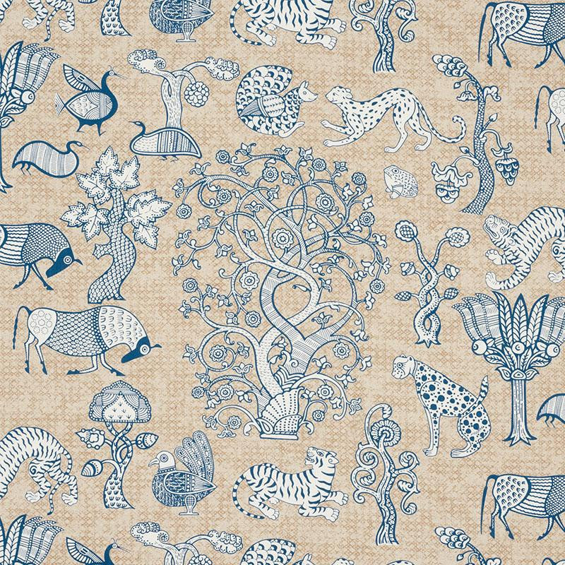 Animalia Blue & Natural 178320 by Schumacher Designer Fabric Palampore 25.25" - Swanky Fabrics -