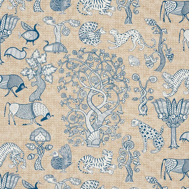 Animalia Blue & Natural 178320 by Schumacher Designer Fabric Palampore 25.25" - Swanky Fabrics -