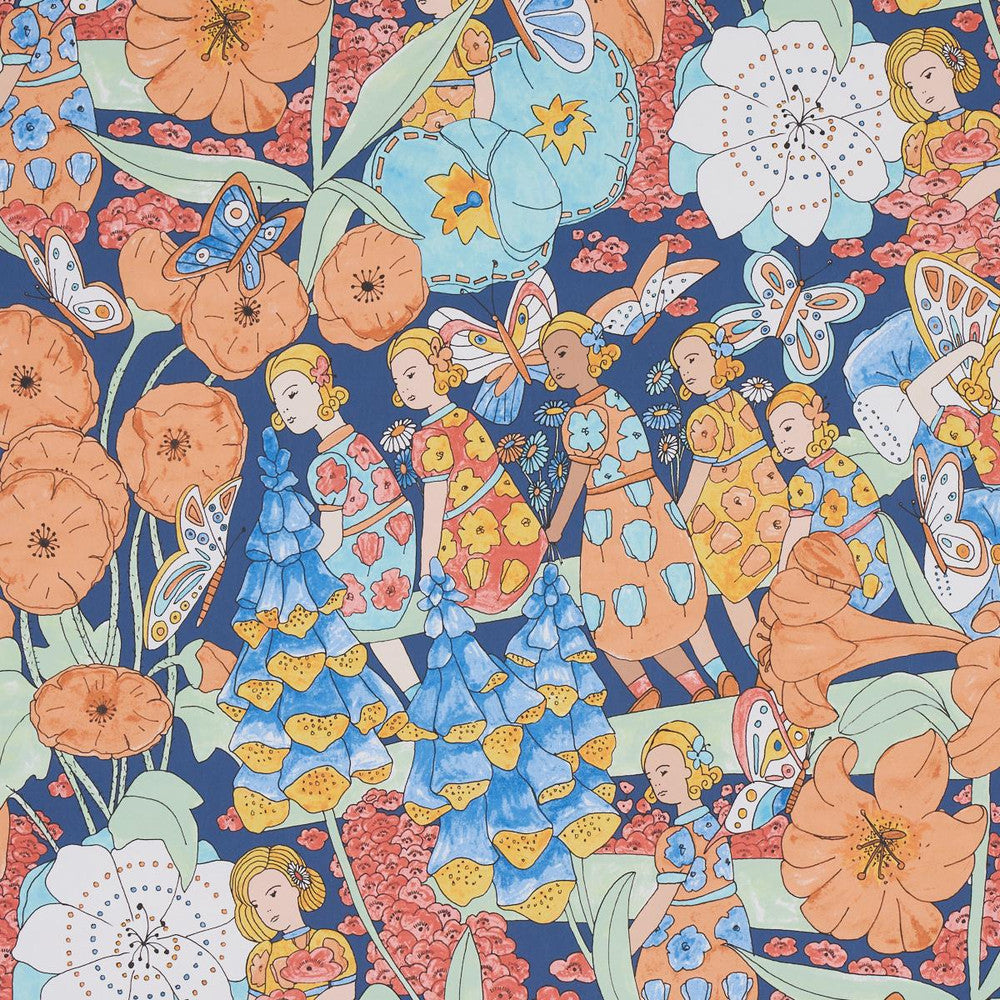 Fairie Garden Orange And Navy 5013540 by Schumacher Designer Wallpaper Clements Ribeiro 25.5" - Swanky Fabrics -
